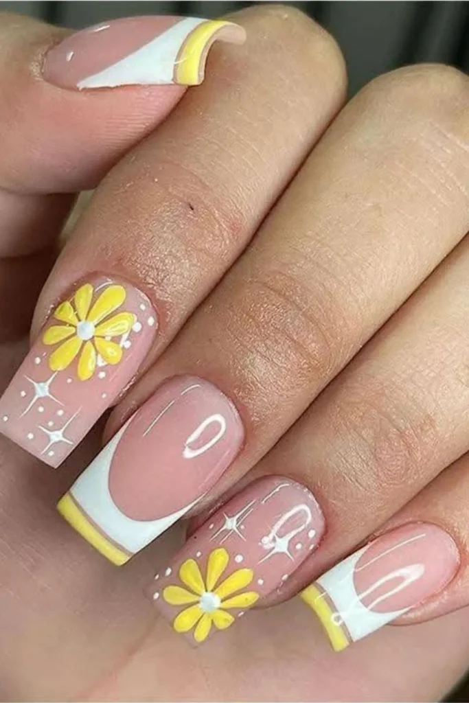 yellow white floral Nails