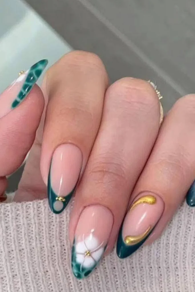 Sleek Teal and Gold Nails