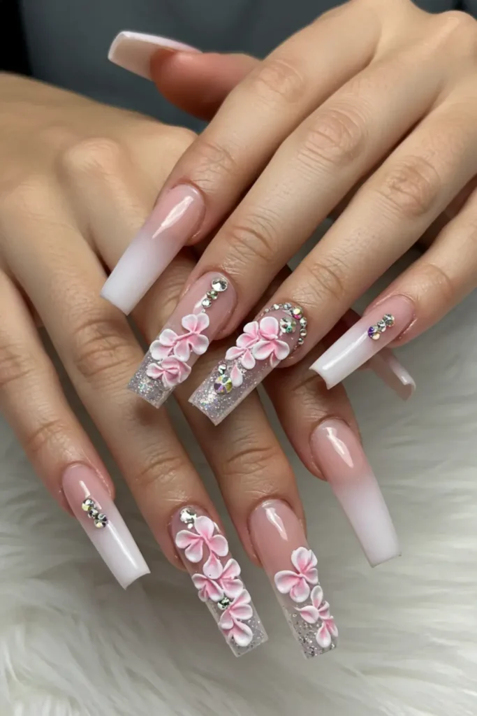 3D Floral Long Nails
