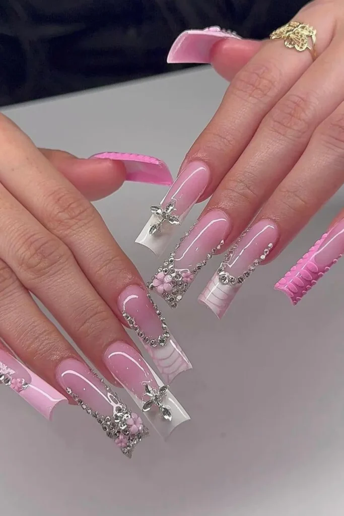 Pink Nail with Diamond Accents
