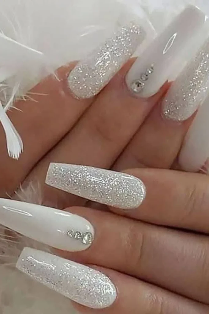 Glittery White Nails