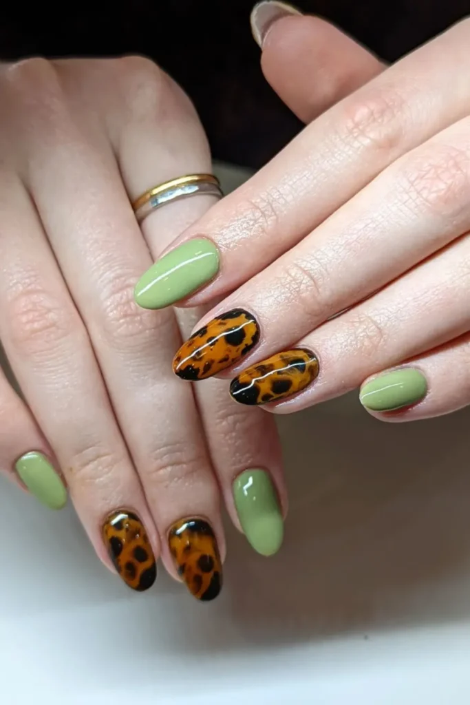 Earthy Green and Animal Print Nails