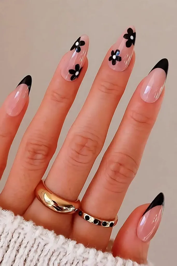 Black Floral French Tip Nails