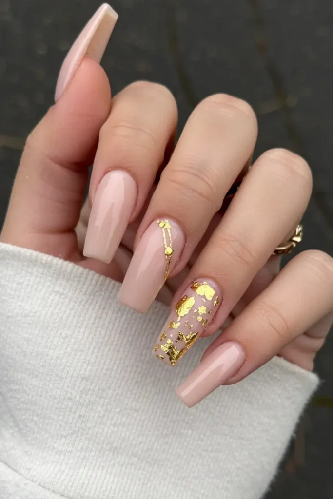 Nude & Gold Accents Long Nails