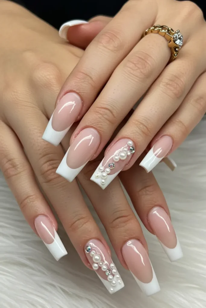 Pearl Accents Long Nails