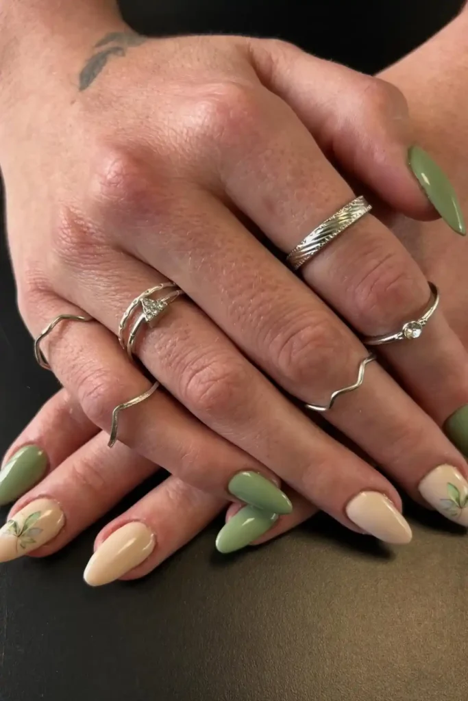 Two-Tone Sage Green and Beige Nails
