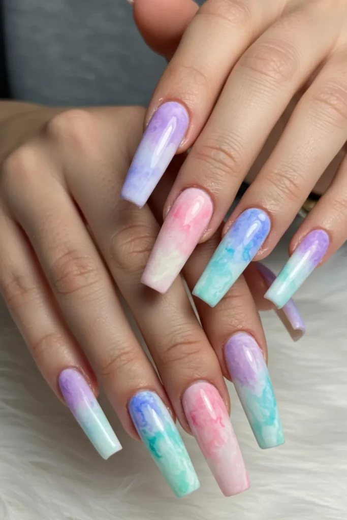Water color Effect Long Nails