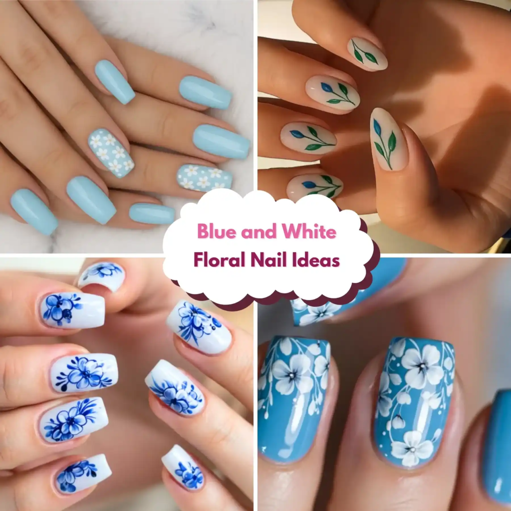 Blue and White Floral Nail Ideas